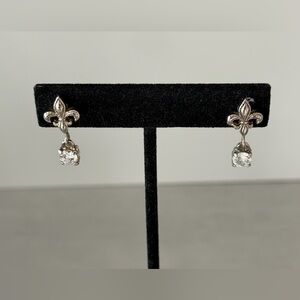 Beautiful Antique Silvertone Fleur-De-Lis Earrings with CZ Drop